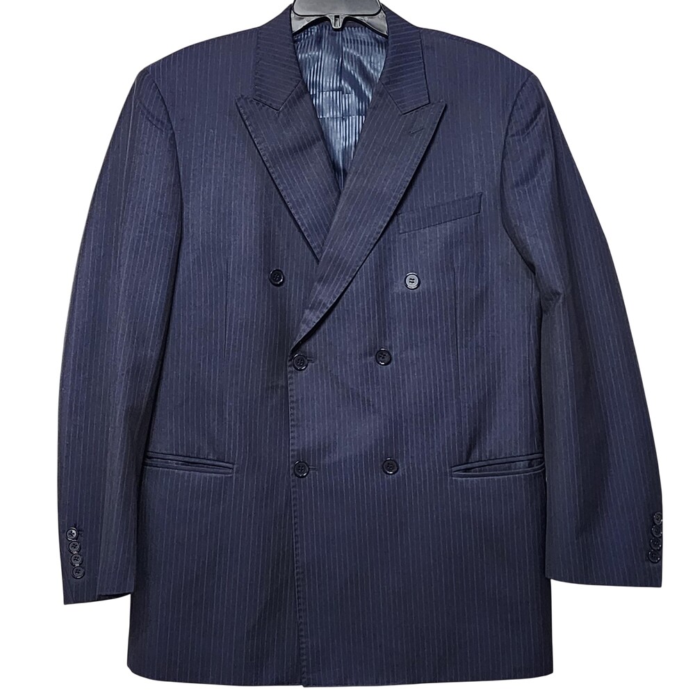 Bertolini Suit Jacket Mens 44 Blue Pinstripe Double Breasted Wool Silk Lined